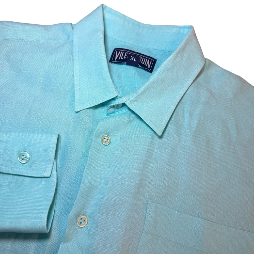 Vilebrequin Mens XL Aqua Blue 100% Linen Long Sleeve Button Down Shirt Pocket